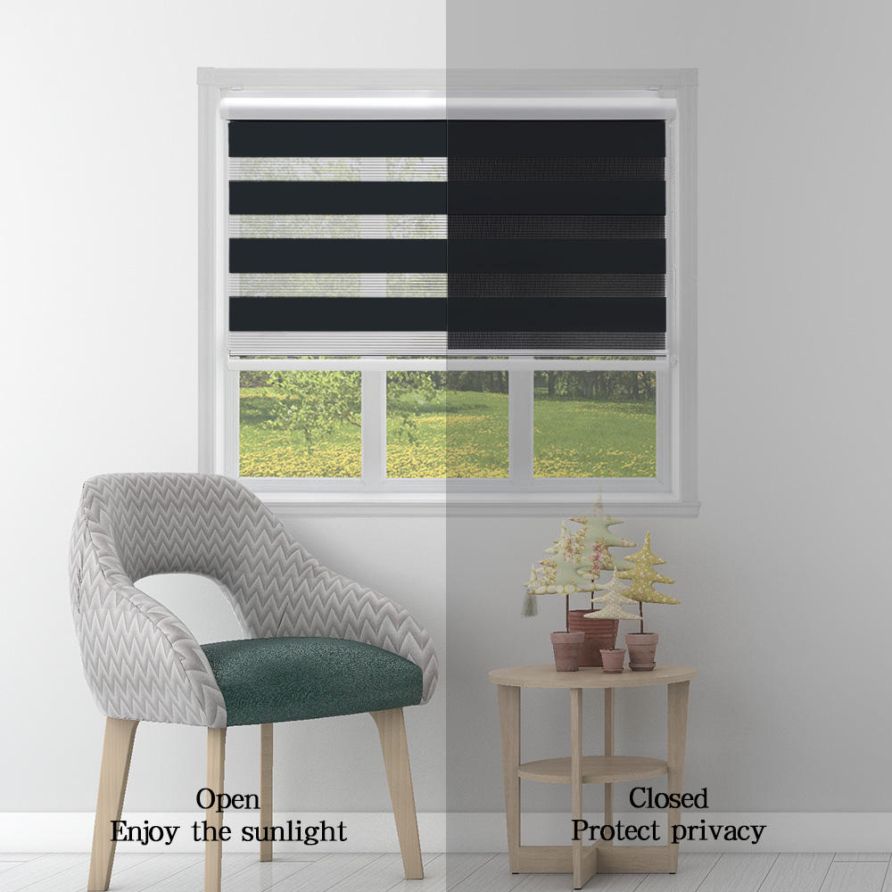 Double-Layer Smart Zebra Shades Day and Night Window Blinds with Manual or Electric Motor Blackout Polyester Roller Blinds