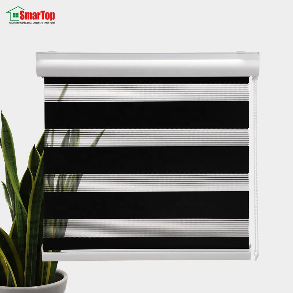 Double-Layer Smart Zebra Shades Day and Night Window Blinds with Manual or Electric Motor Blackout Polyester Roller Blinds