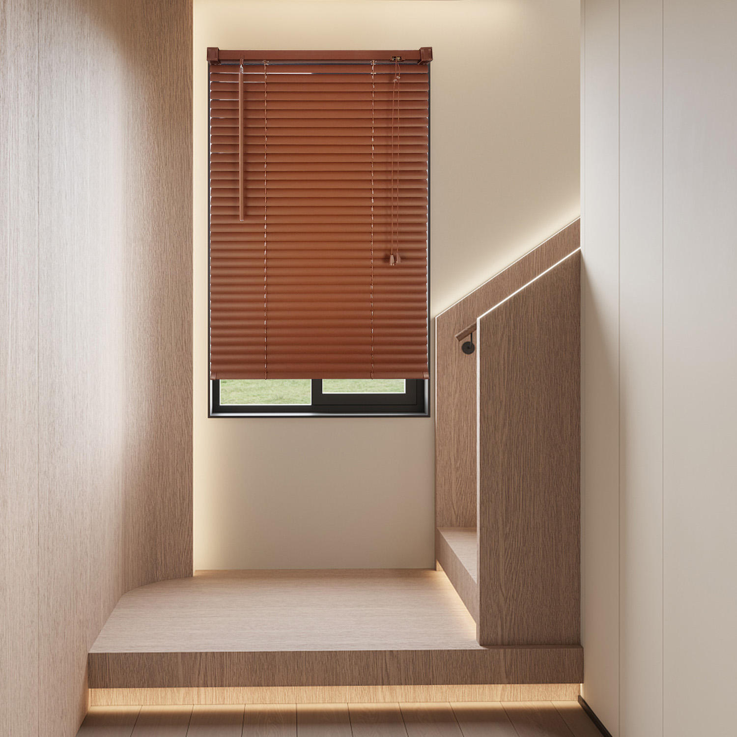 Factory Direct Sale 2 Inch Cordless Modern Design Faux Wood Venetian Blinds Built-in for Window Horizontal PVC Faux Wood Blinds