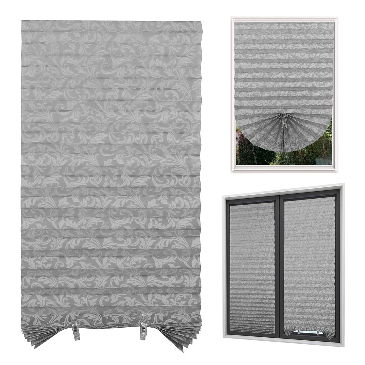 Custom Grey Brown Printed Pattern Half-shade Pleated Curtain Perfect Fit Temporary Self-adhesive Blinds