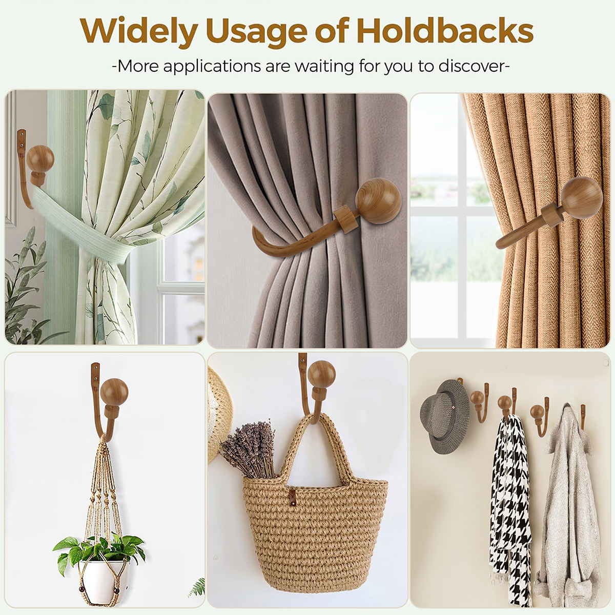 Modern Wood Grain Metal Curtain Holdback Wall Mount Tiebacks 2Pcs Hooks Eco-friendly Curtain Accessories