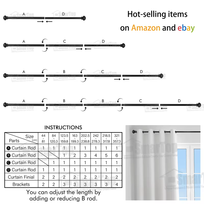 Black Extendable Curtain Rod Bedroom Aluminum Alloy Finials Metal Accessories Wholesale Manufacturer Curtain Rod and Finials