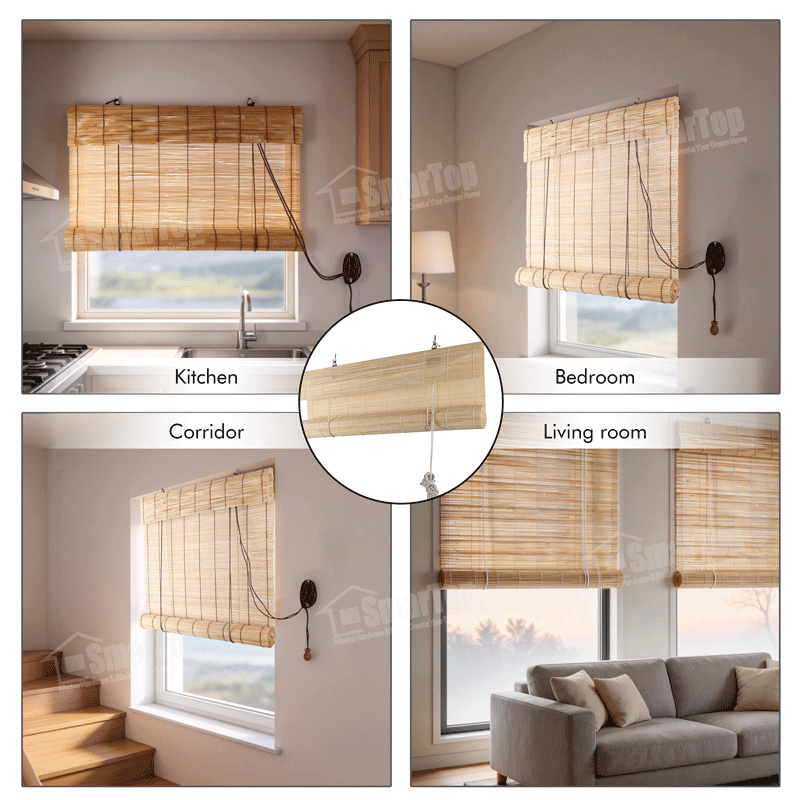 Privacy Shade Blackout Automatic Factory Direct Natural Roll up Cordless Bamboo Roller Blinds for Bedroom Sliding Windows